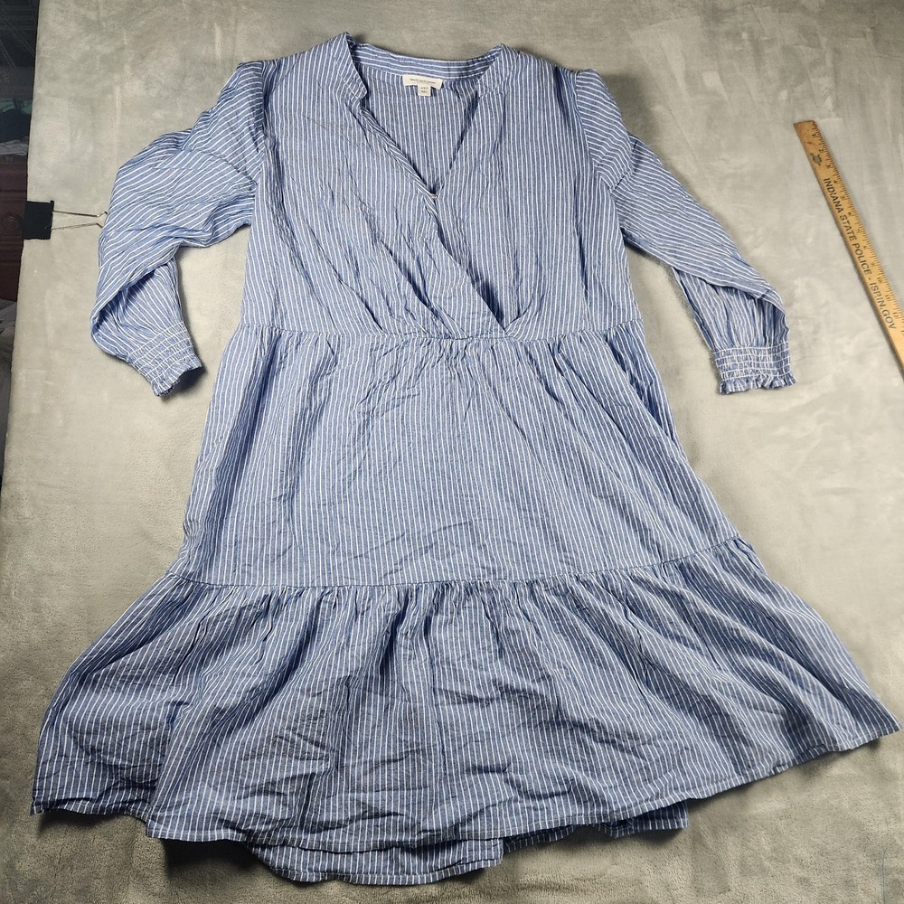Beach Lunch Lounge Blue Striped Flowy Tiered Poplin Dress Women's Size M Coastal